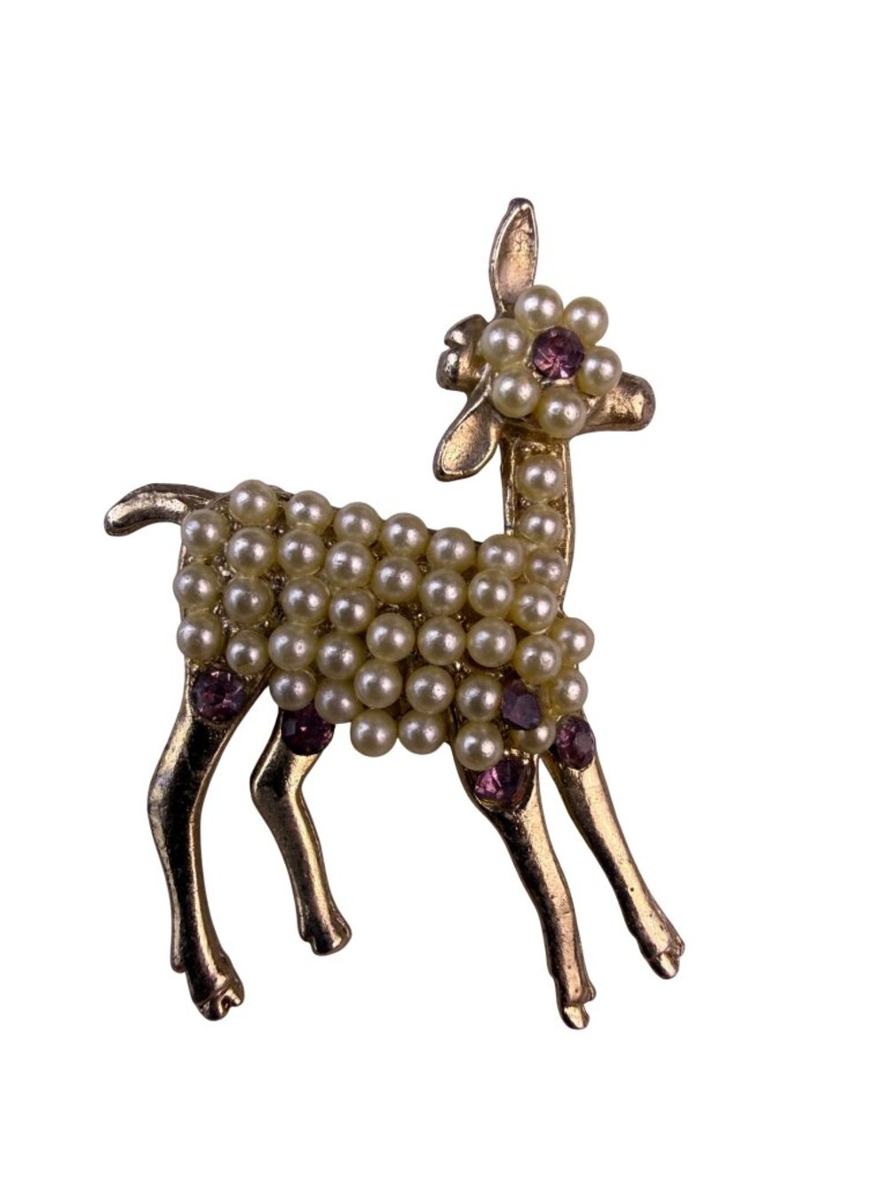 Vintage Unknown Gold Tone Deer Brooch Faux Pearls Purple Stone Accent